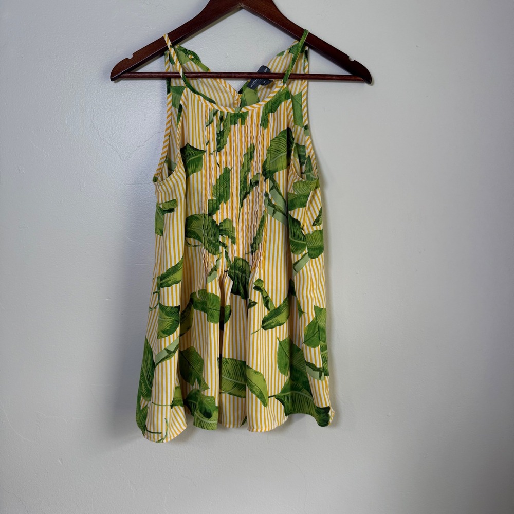 Market & Spruce Tropical Banana Leaf Stripe Pintuck Tank Top Size Medium Yellow